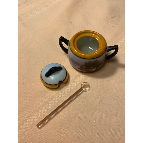 Morimura Porcelain Sugar Bowl, Lid & Glass Spoon Scenic design 2.75 in tall EUC - Picture 10 of 16